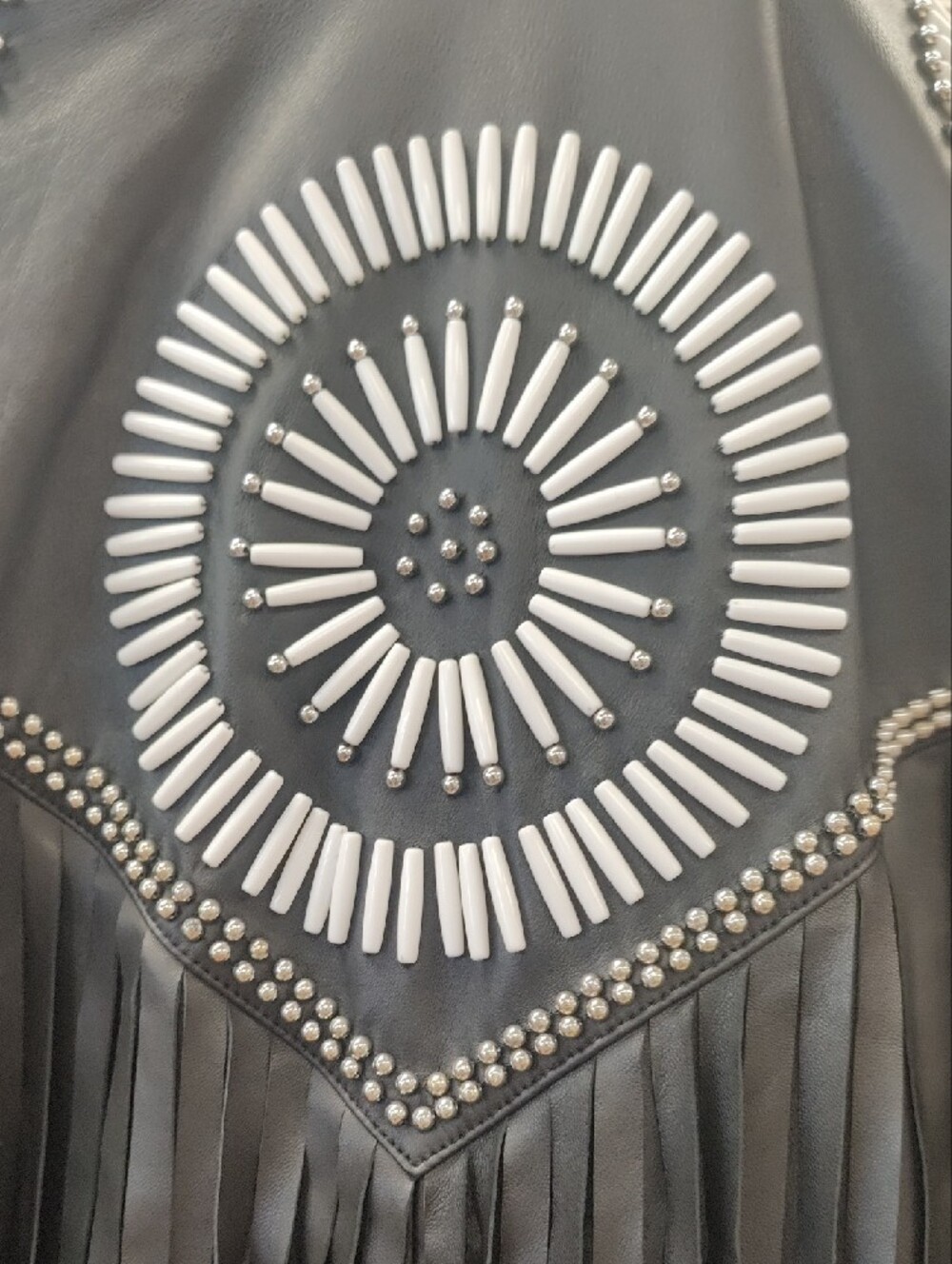 Nasty Gal Geunine Black Leather Moto Jacket with White Stud Sunburst Details - Picture 5 of 11